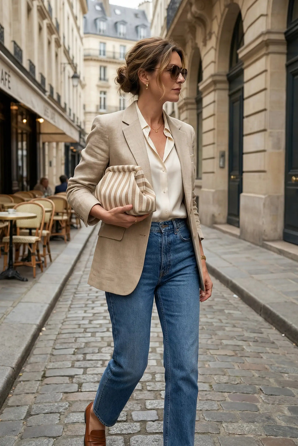 Bolso Clutch Mujer Rayas Beige y Blanco | Neceser Playa Estilo Parisino