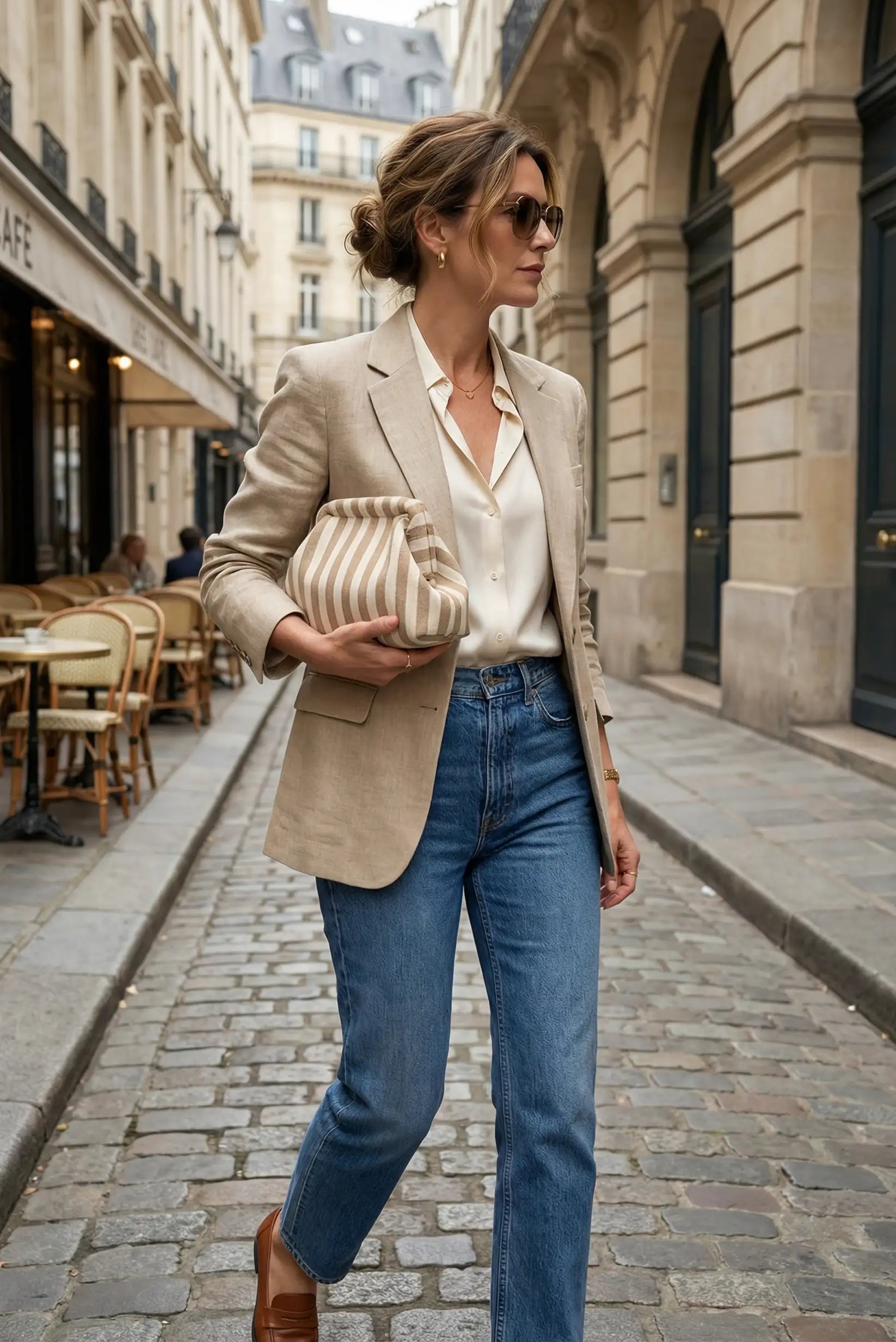 Bolso Clutch Mujer Rayas Beige y Blanco | Neceser Playa Estilo Parisino