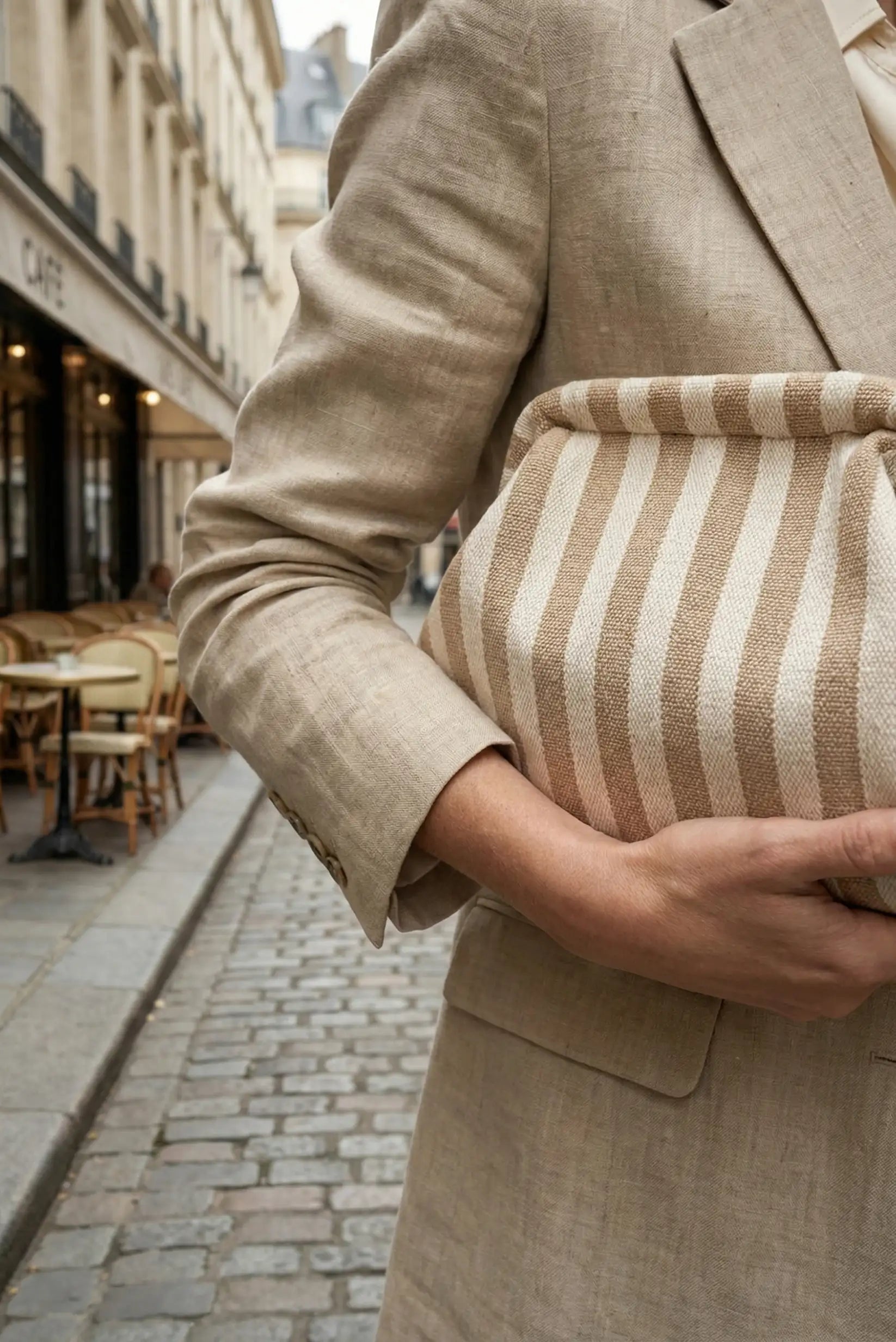 Bolso Clutch Mujer Rayas Beige y Blanco | Neceser Playa Estilo Parisino