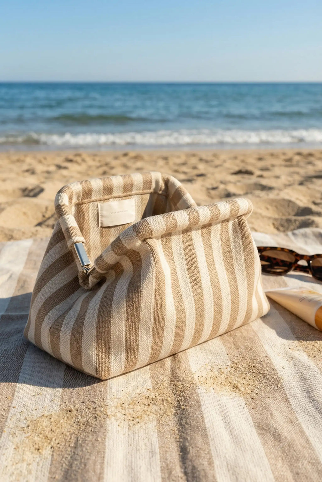 Bolso Clutch Mujer Rayas Beige y Blanco | Neceser Playa Estilo Parisino