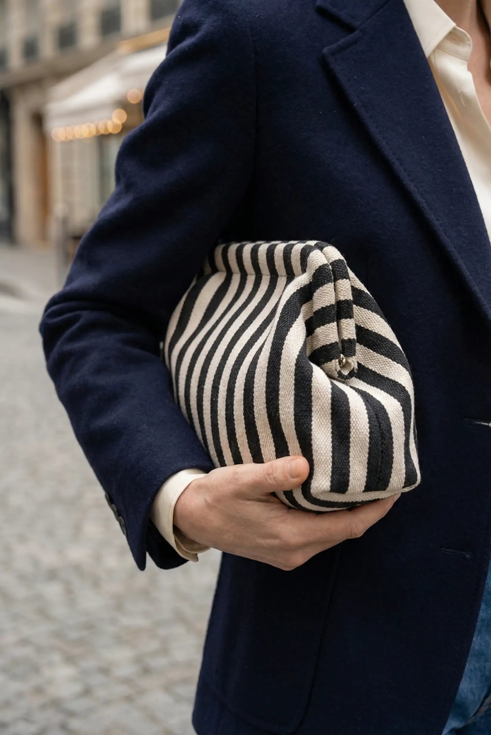 Bolso Clutch Mujer Rayas Negro y Beige | Neceser Playa Estilo Parisino