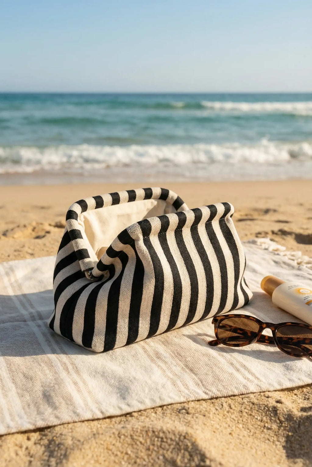 Bolso Clutch Mujer Rayas Negro y Beige | Neceser Playa Estilo Parisino