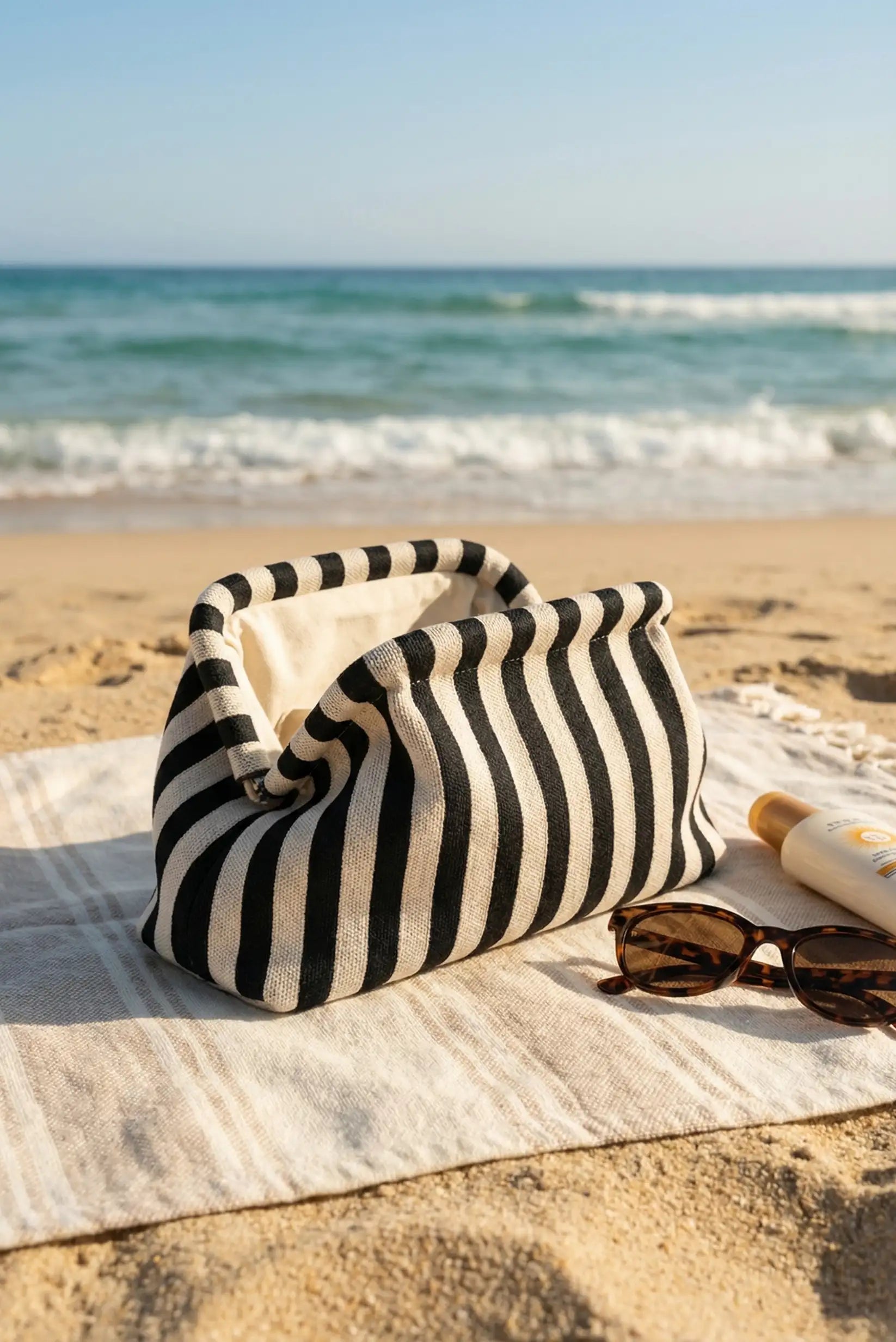 Bolso Clutch Mujer Rayas Negro y Beige | Neceser Playa Estilo Parisino