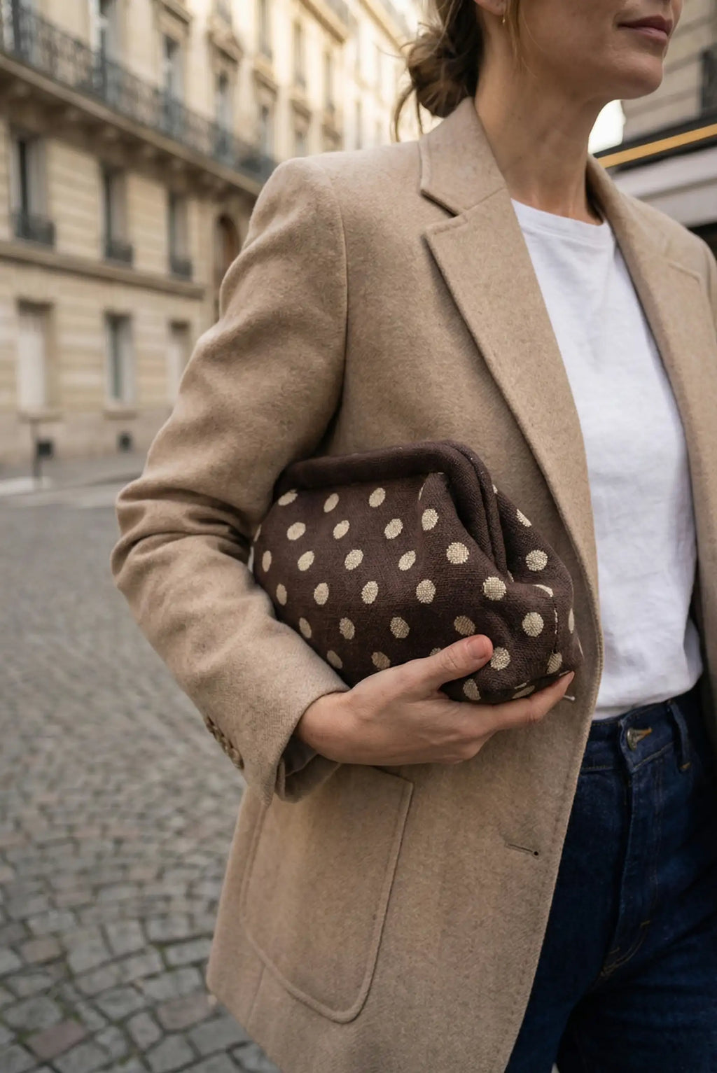 Bolso Clutch Mujer Topos Marrón Chocolate | Neceser Playa Estilo Parisino