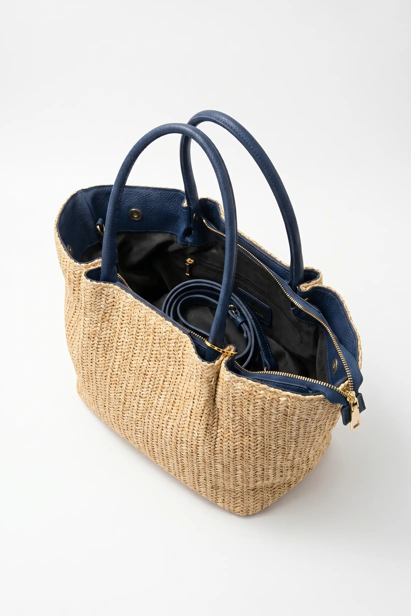 Bolso de mano y hombro grande rafia con piel
