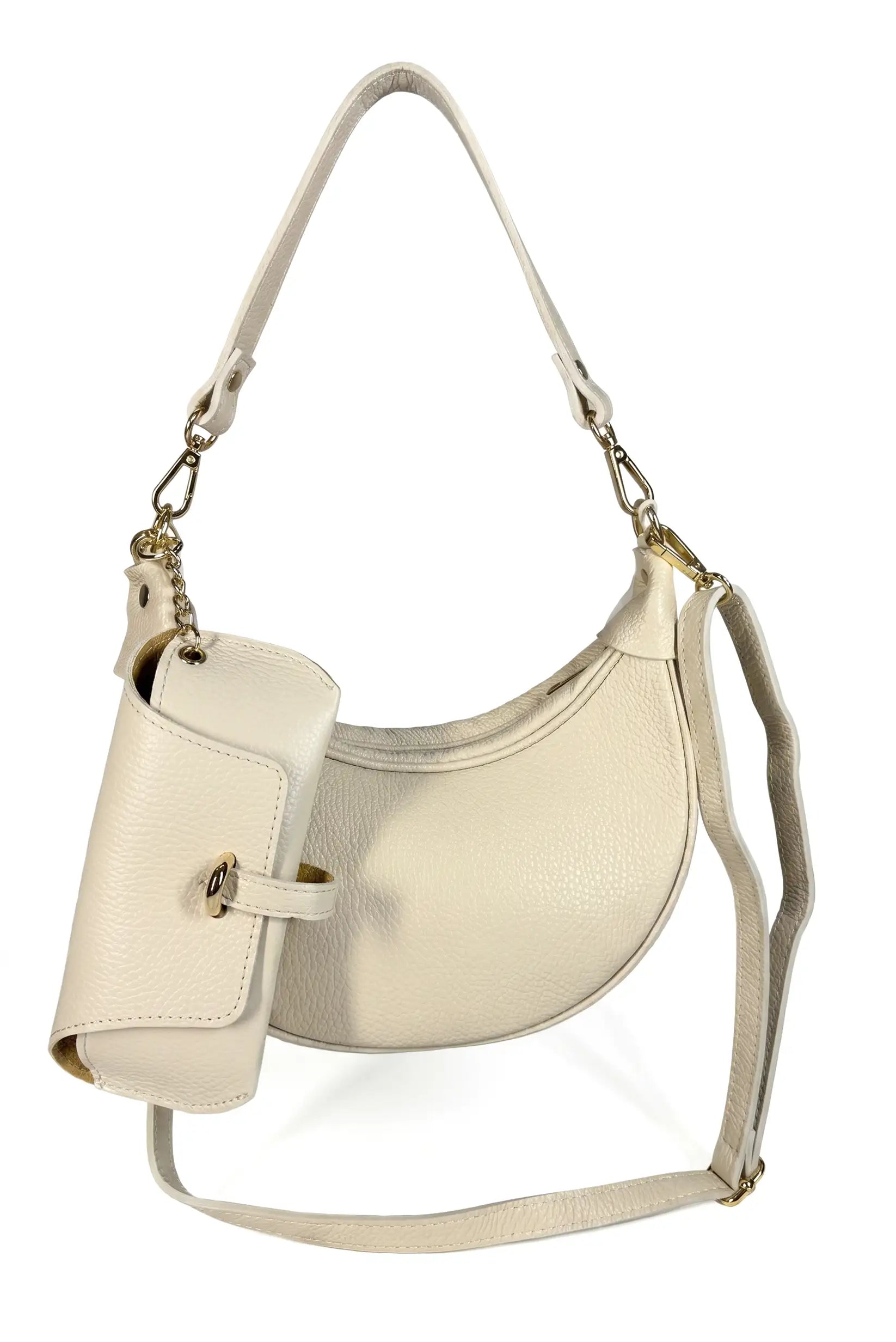 Bolso Mediano Beige de Piel con Portagafas Mujer