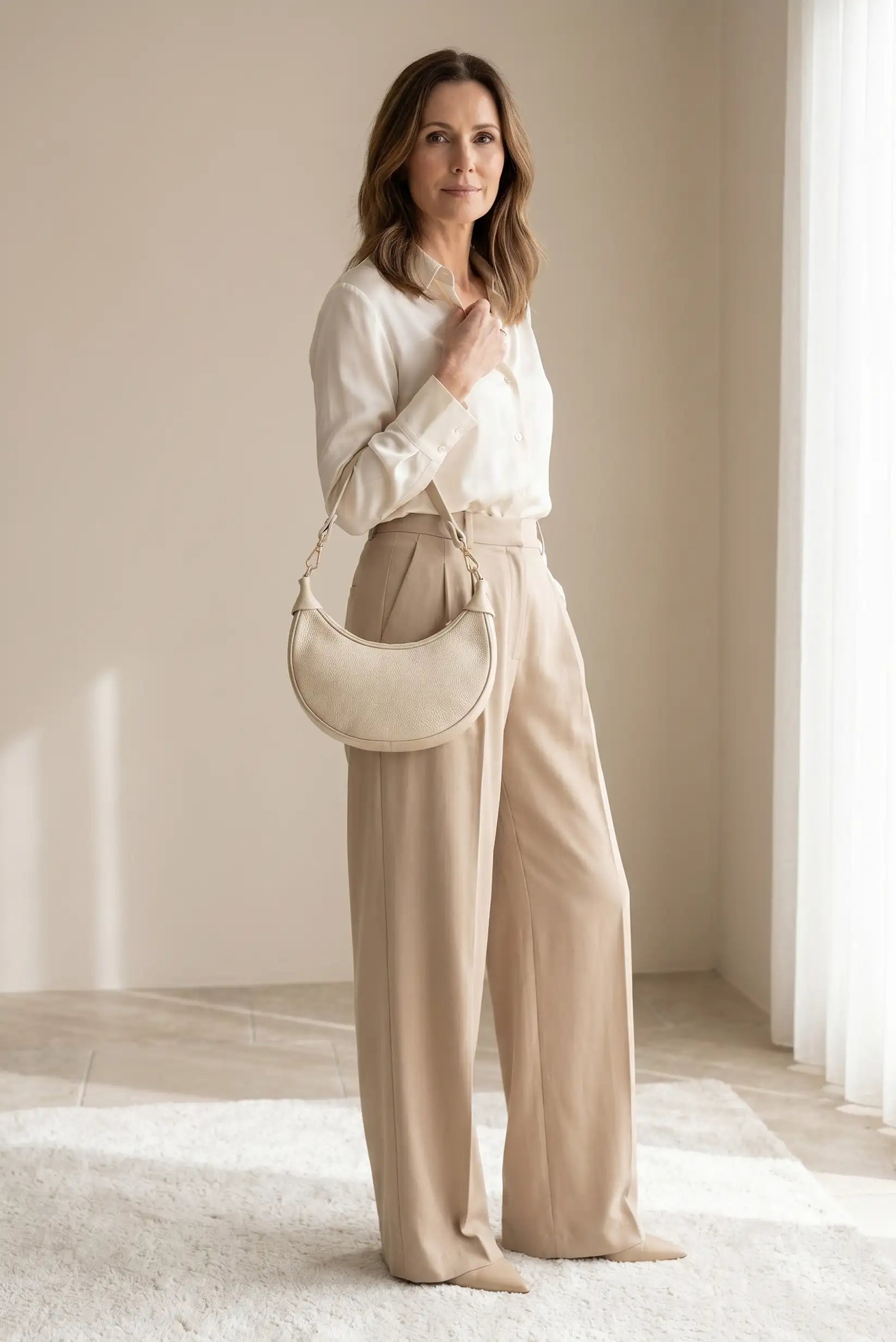 Bolso Mediano Beige de Piel con Portagafas Mujer