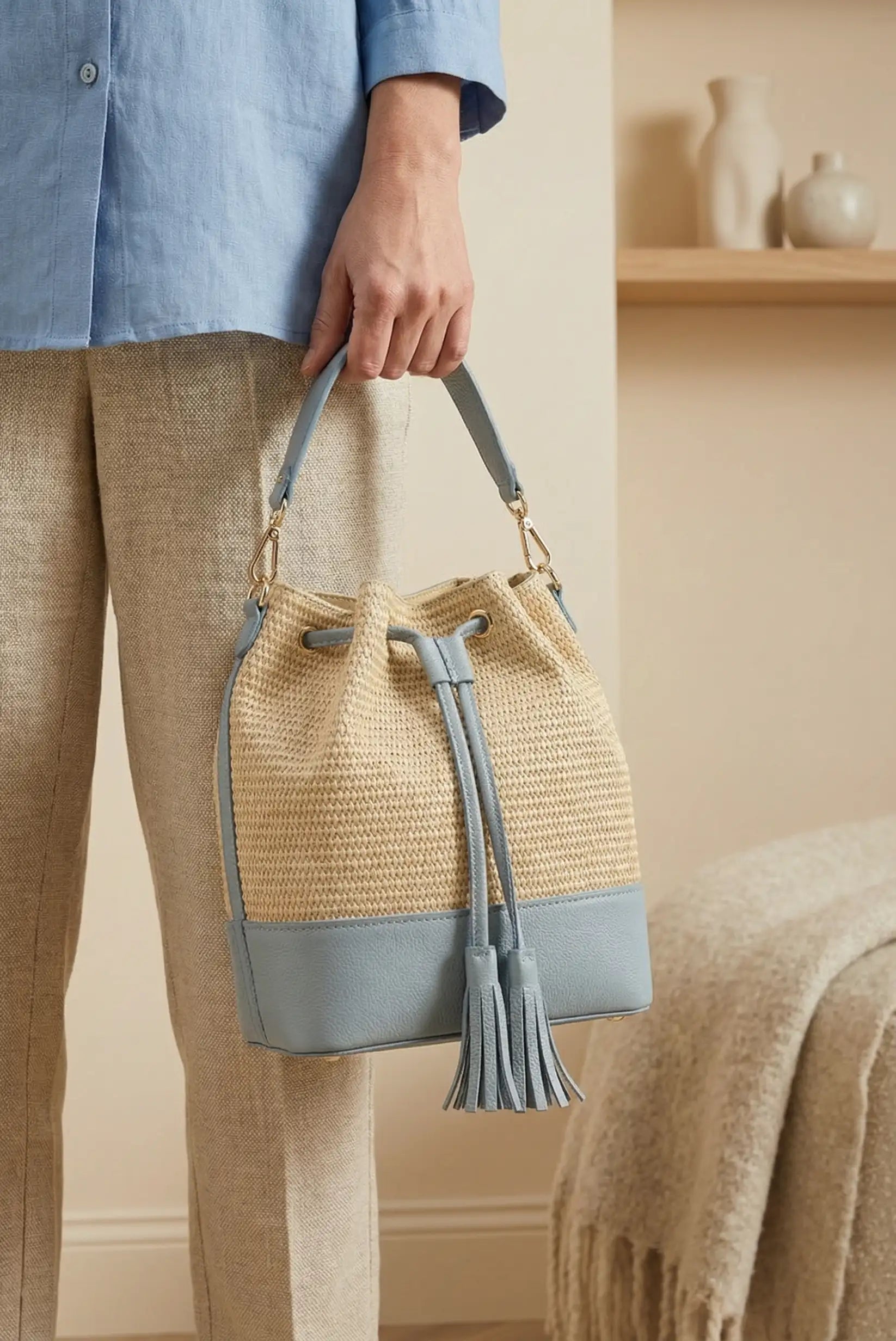 Bolso grande mujer bandolera rafia y piel