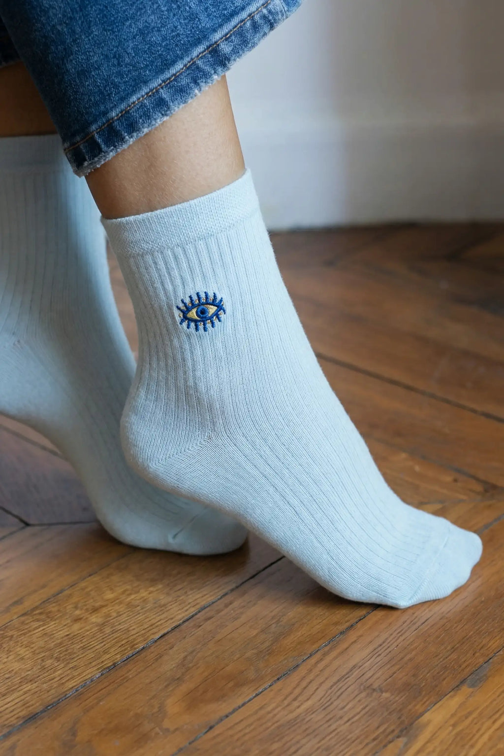Calcetines Mujer Algodón Blancos con Ojo Azul | Calcetines Originales