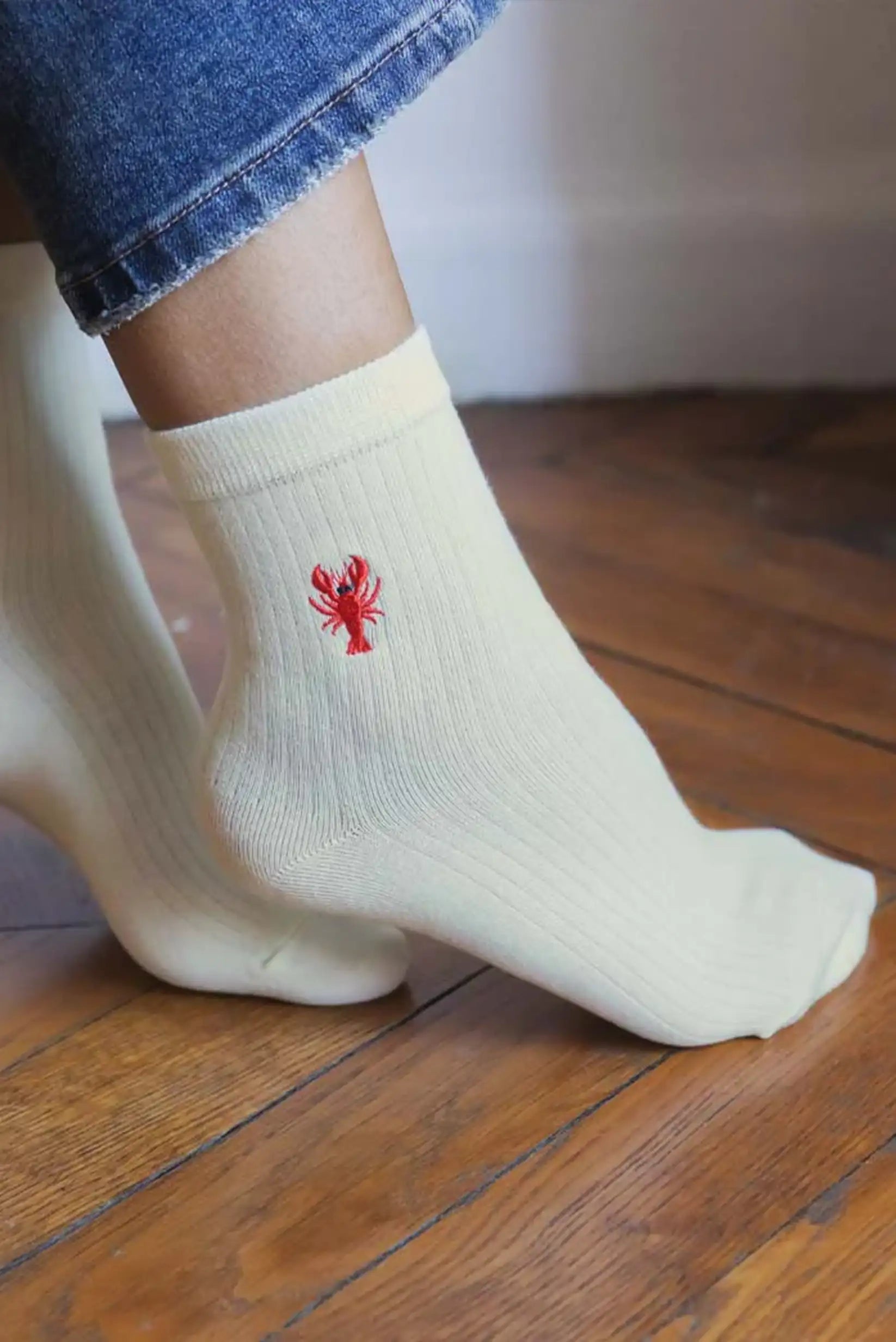 Calcetines Mujer Algodón Blancos con Langosta Roja | Calcetines Originales
