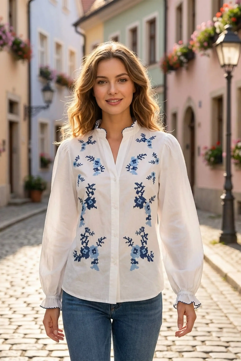 Camisa blanca de algodón con bordados azules y manga larga