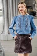 Camisa Mujer Denim Manga Larga con Bordados Florales Elegante