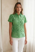 Blusa Mujer Verde Esmeralda Bordada Manga Corta