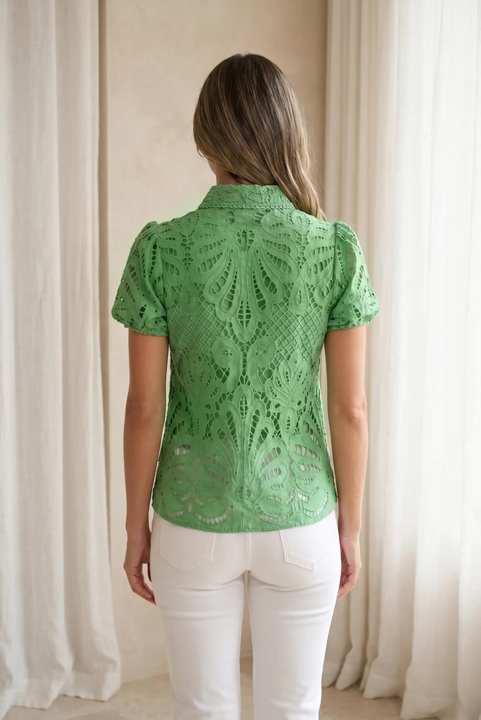 Blusa Mujer Verde Esmeralda Bordada Manga Corta