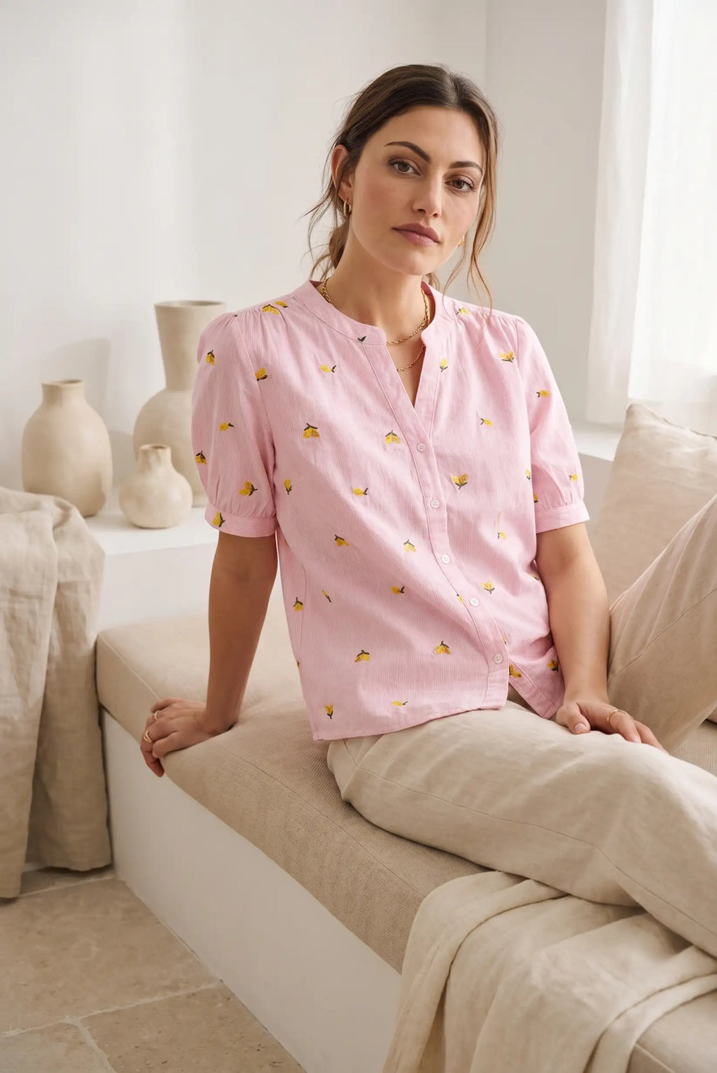 Camisa Mujer Manga Corta Rosa Estampada 100% Algodón