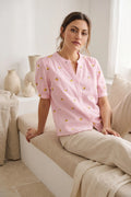 Camisa Mujer Manga Corta Rosa Estampada 100% Algodón