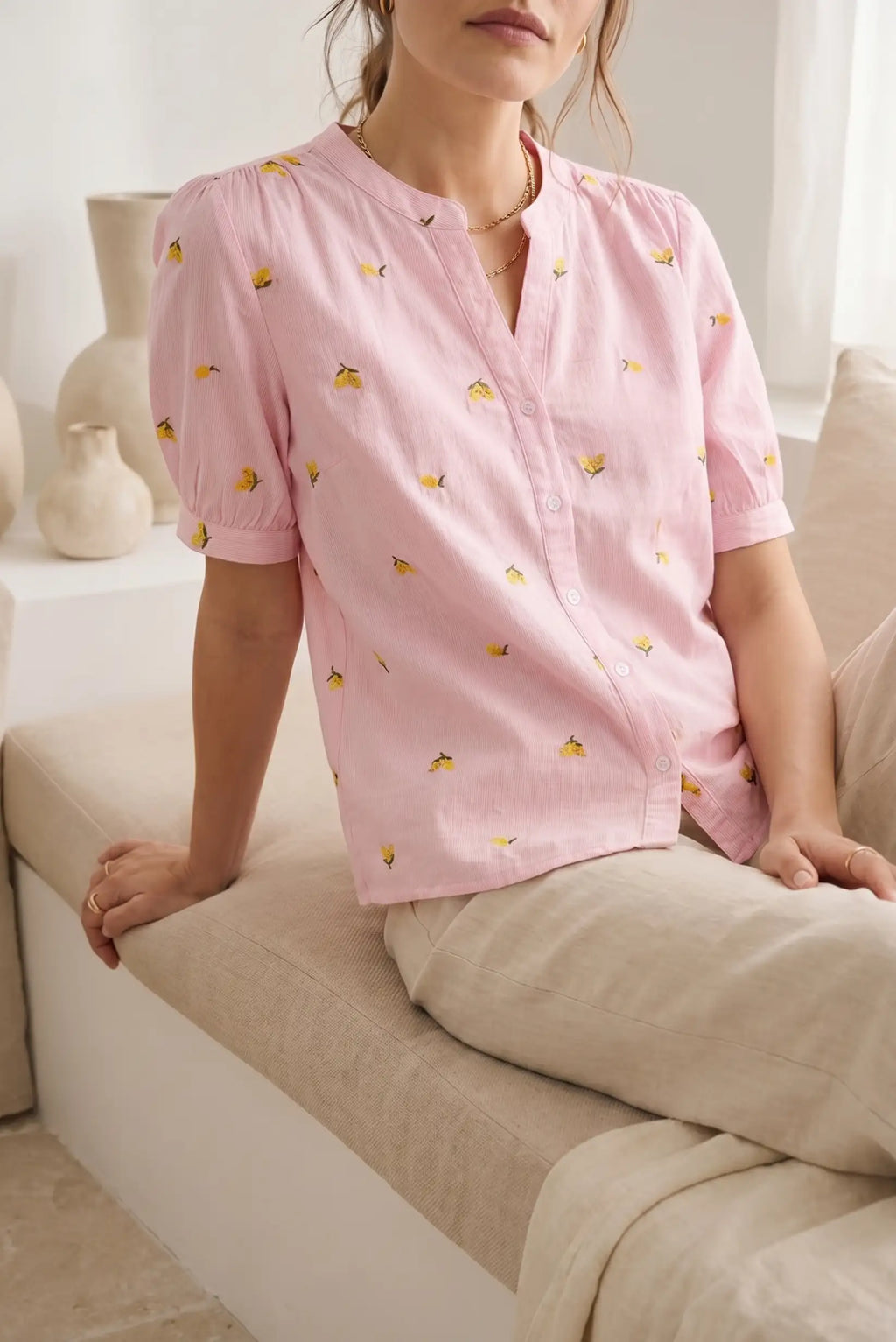 Camisa Mujer Manga Corta Rosa Estampada 100% Algodón