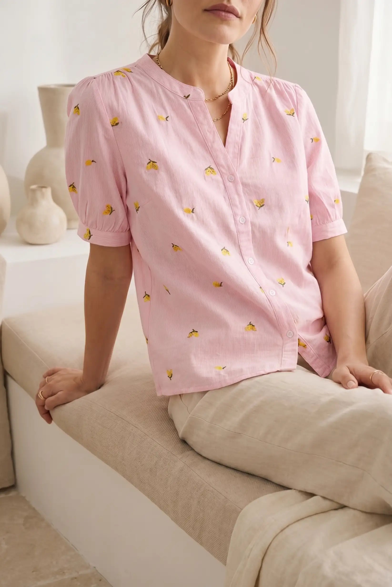Camisa Mujer Manga Corta Rosa Estampada 100% Algodón