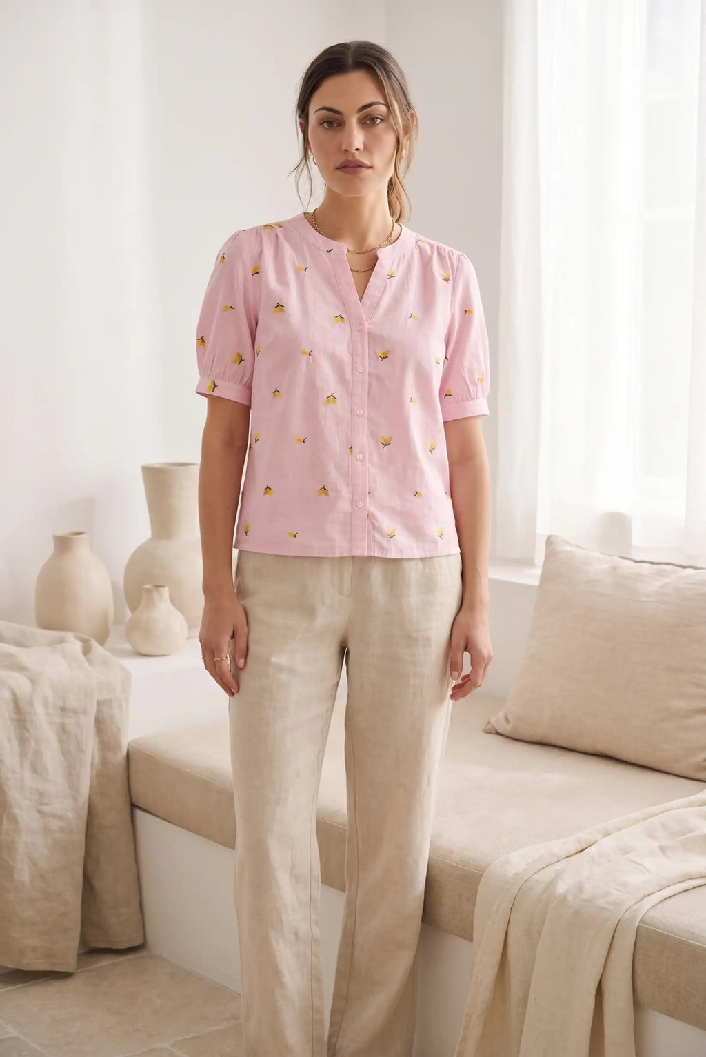 Camisa Mujer Manga Corta Rosa Estampada 100% Algodón