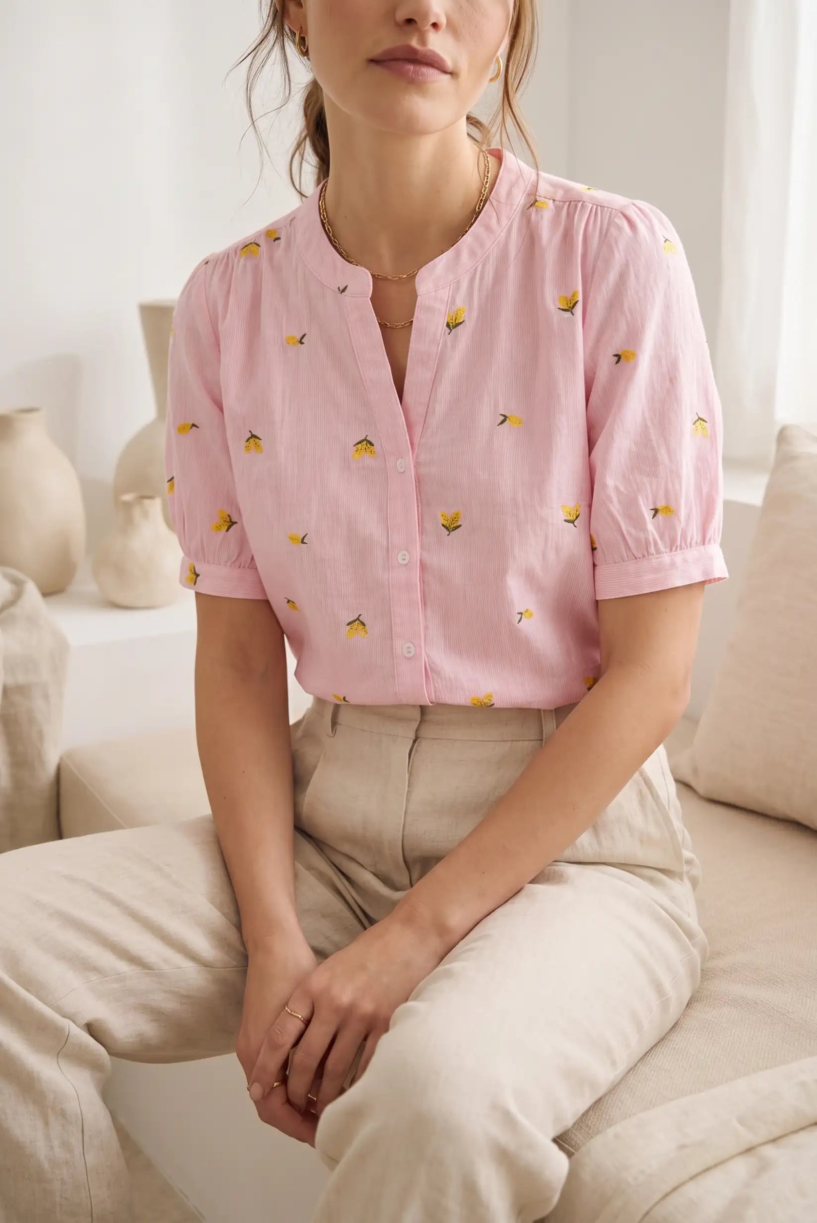 Camisa Mujer Manga Corta Rosa Estampada 100% Algodón