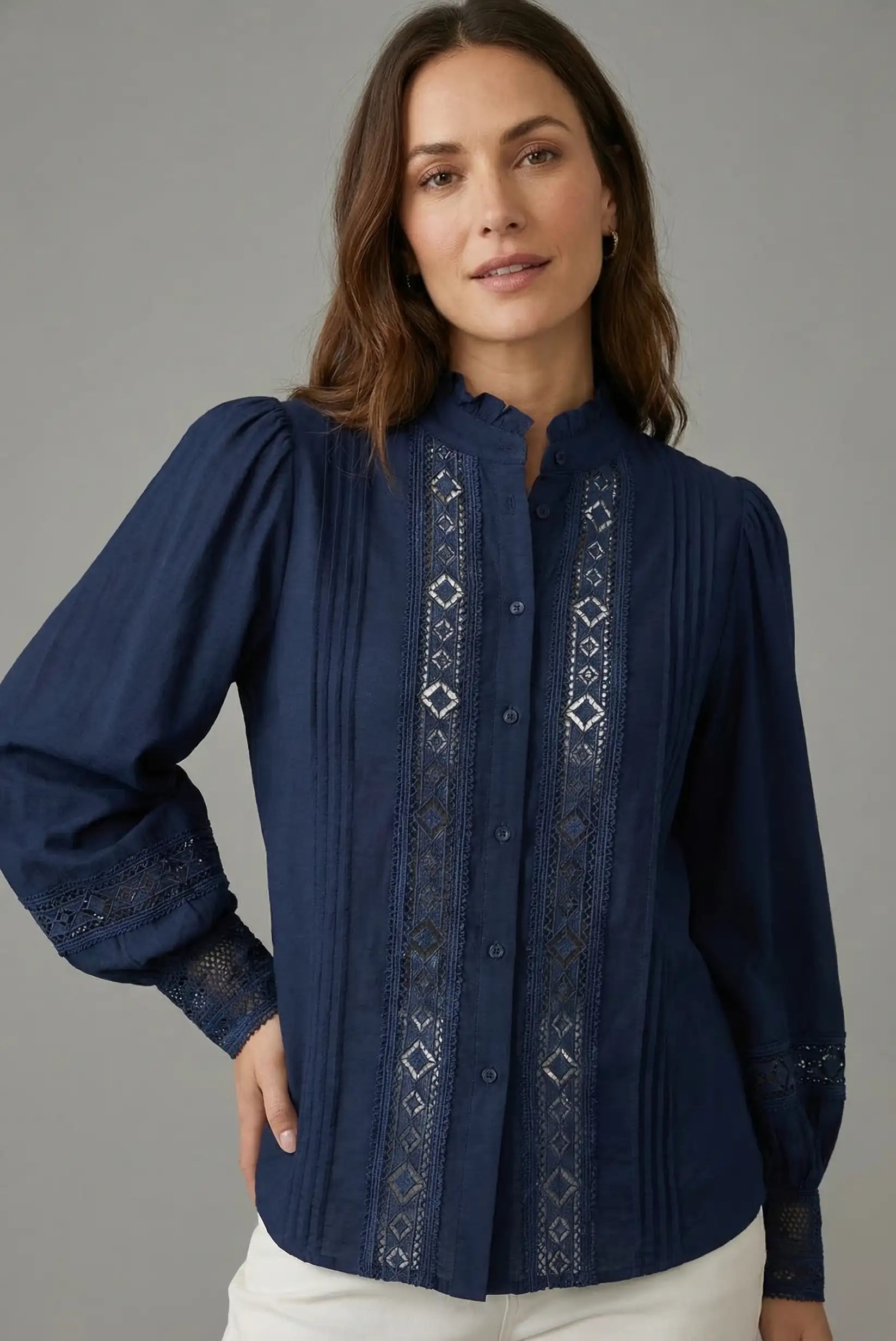 Camisa Mujer Azul Navy Bordada | Blusa Elegante Manga Larga