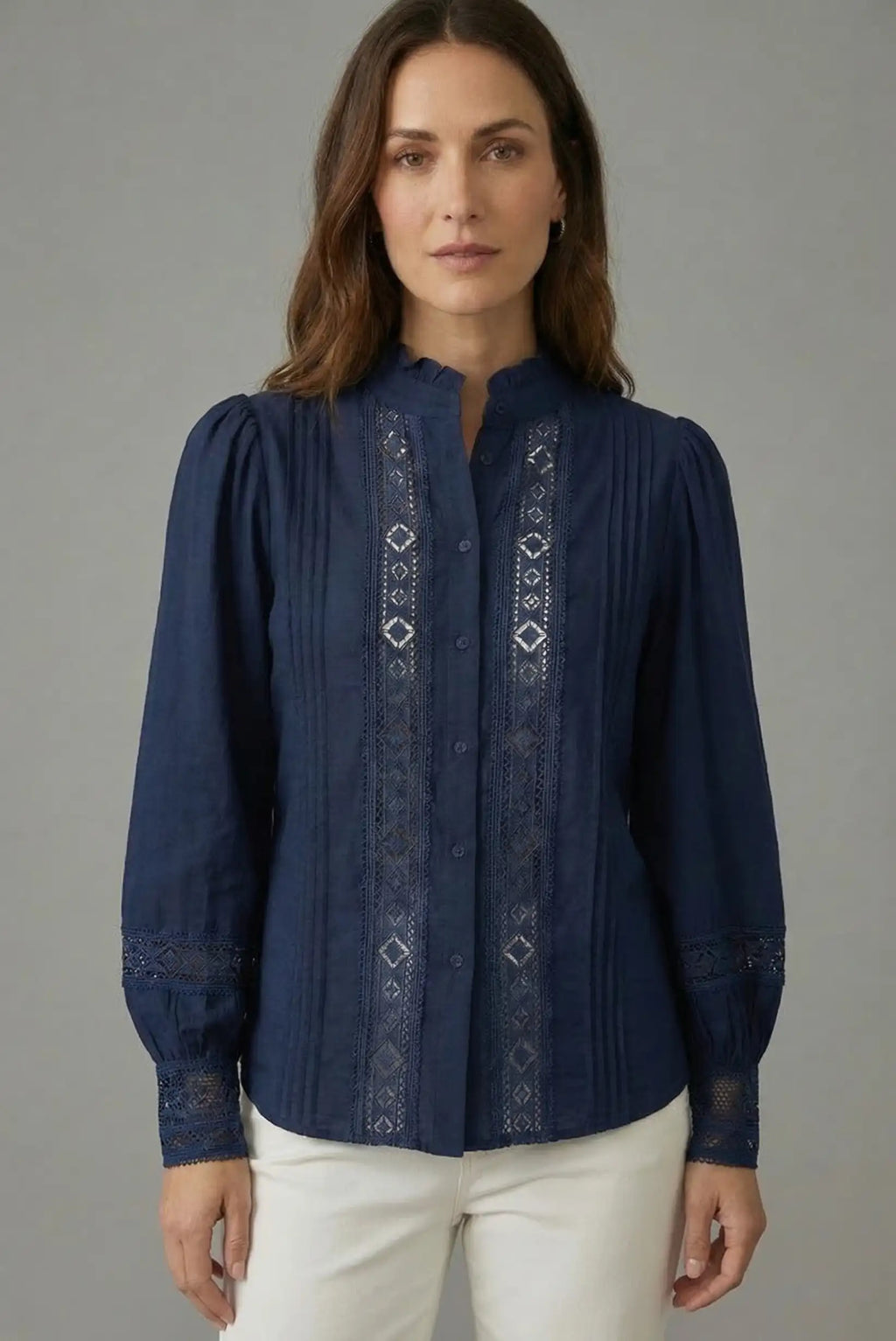Camisa Mujer Azul Navy Bordada | Blusa Elegante Manga Larga