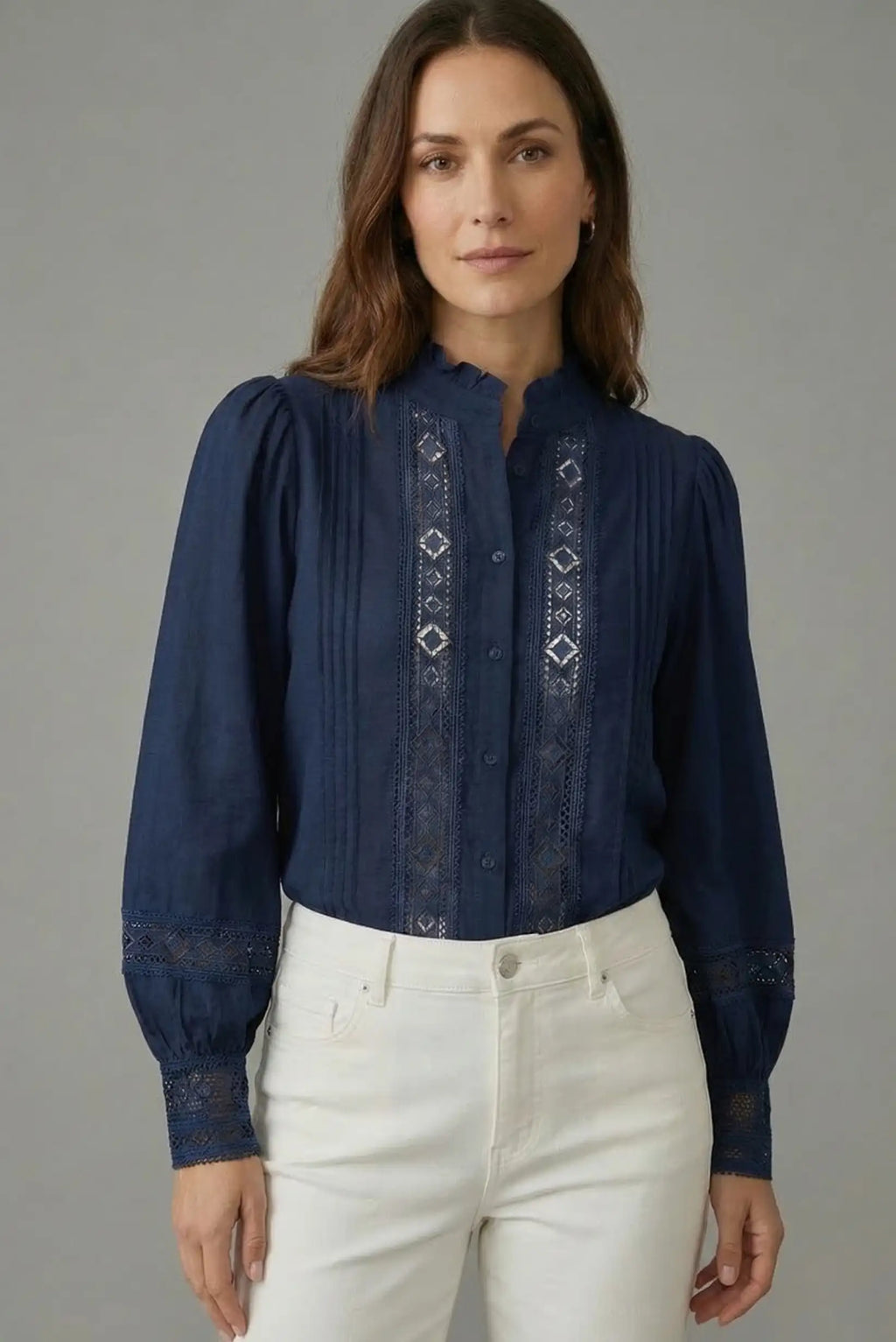 Camisa Mujer Azul Navy Bordada | Blusa Elegante Manga Larga