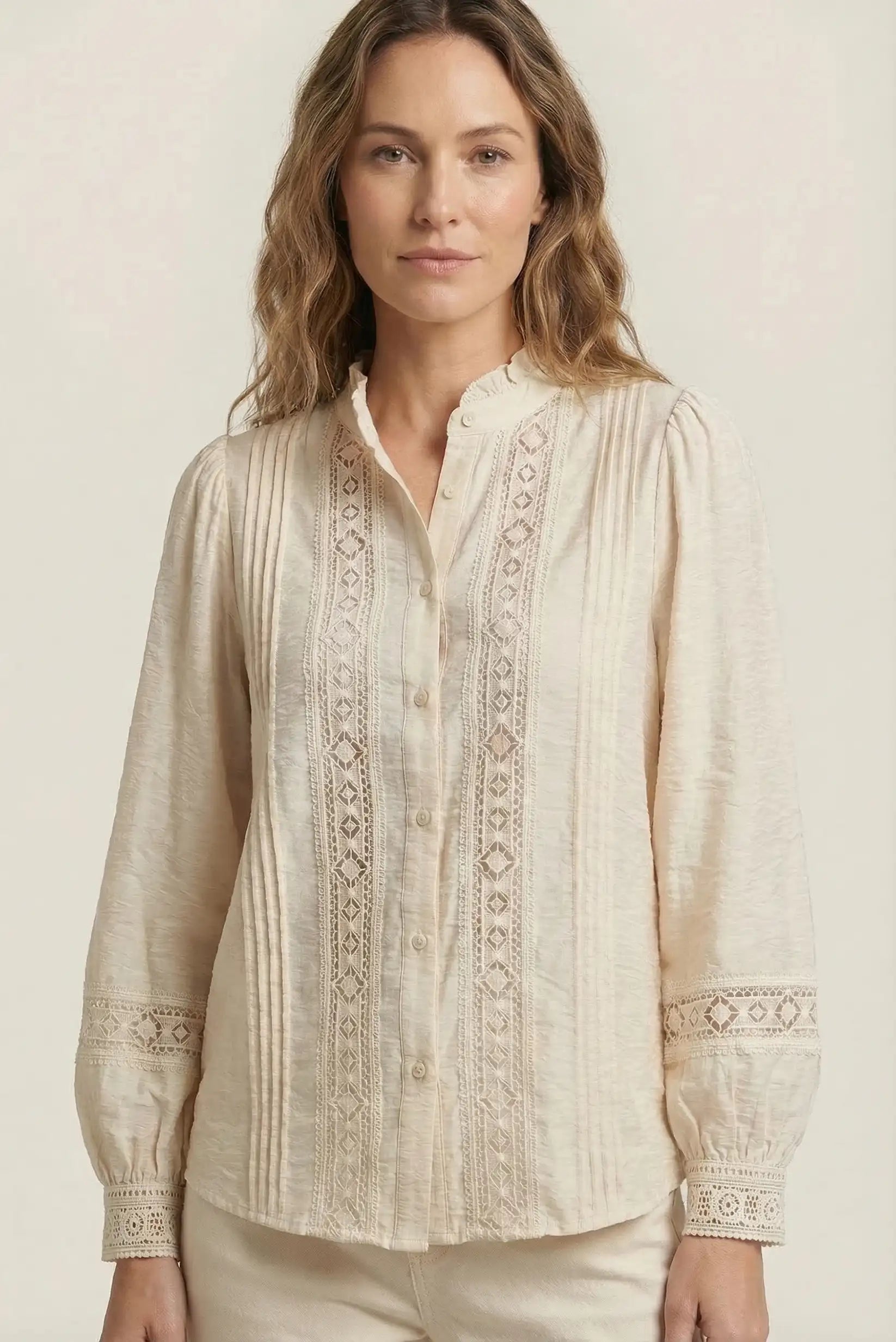 Camisa Mujer Beige Bordada | Blusa Elegante Manga Larga