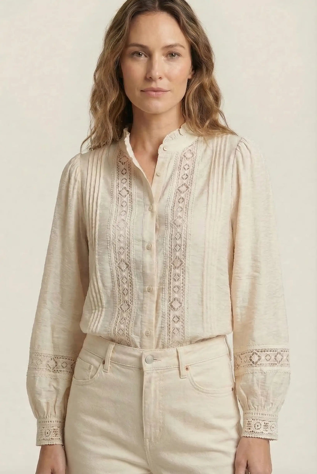Camisa Mujer Beige Bordada | Blusa Elegante Manga Larga