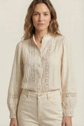 Camisa Mujer Beige Bordada | Blusa Elegante Manga Larga