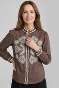 Camisa Mujer Marrón Chocolate Bordada Beige 100% Algodón Elegante