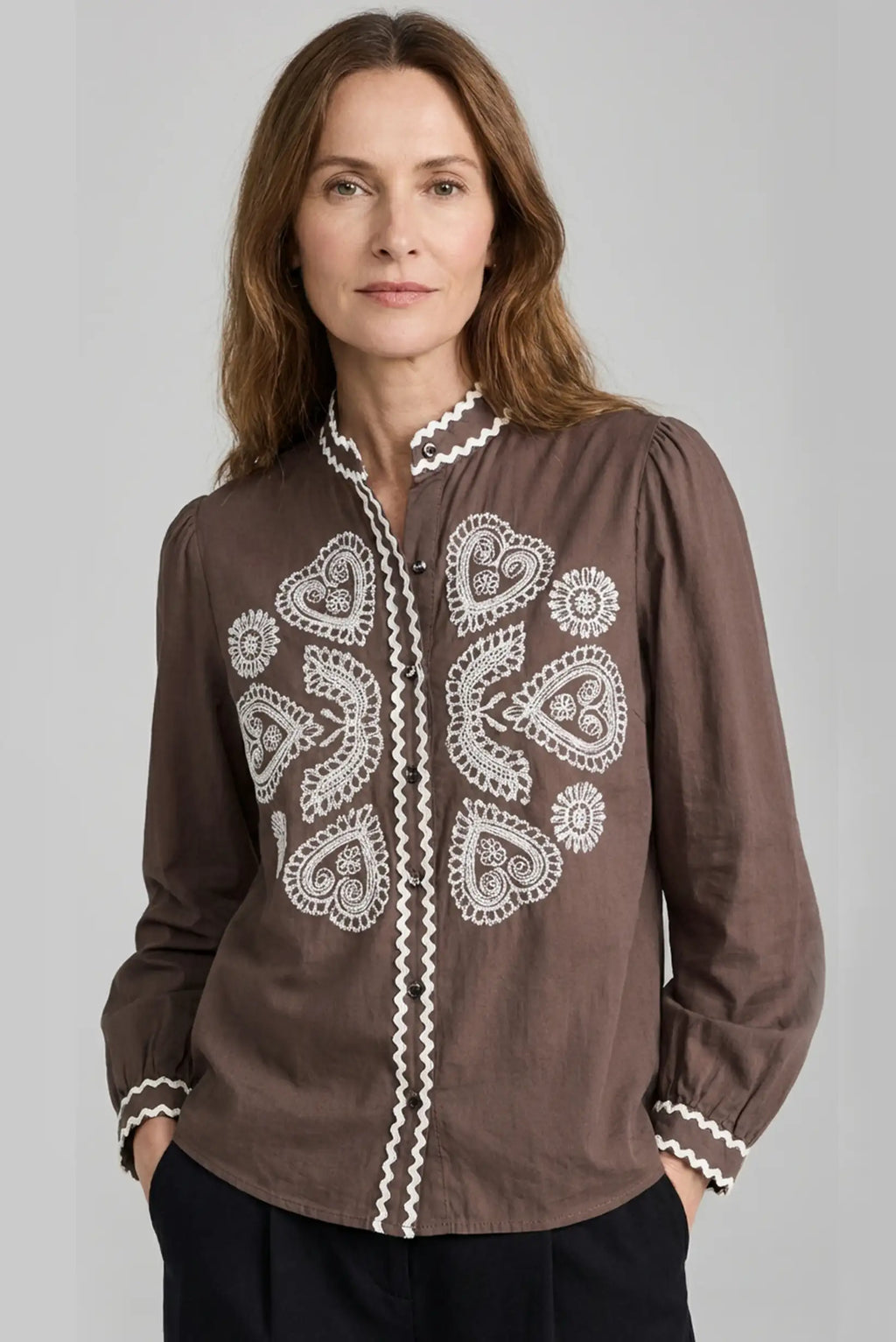 Camisa Mujer Marrón Chocolate Bordada Beige 100% Algodón Elegante