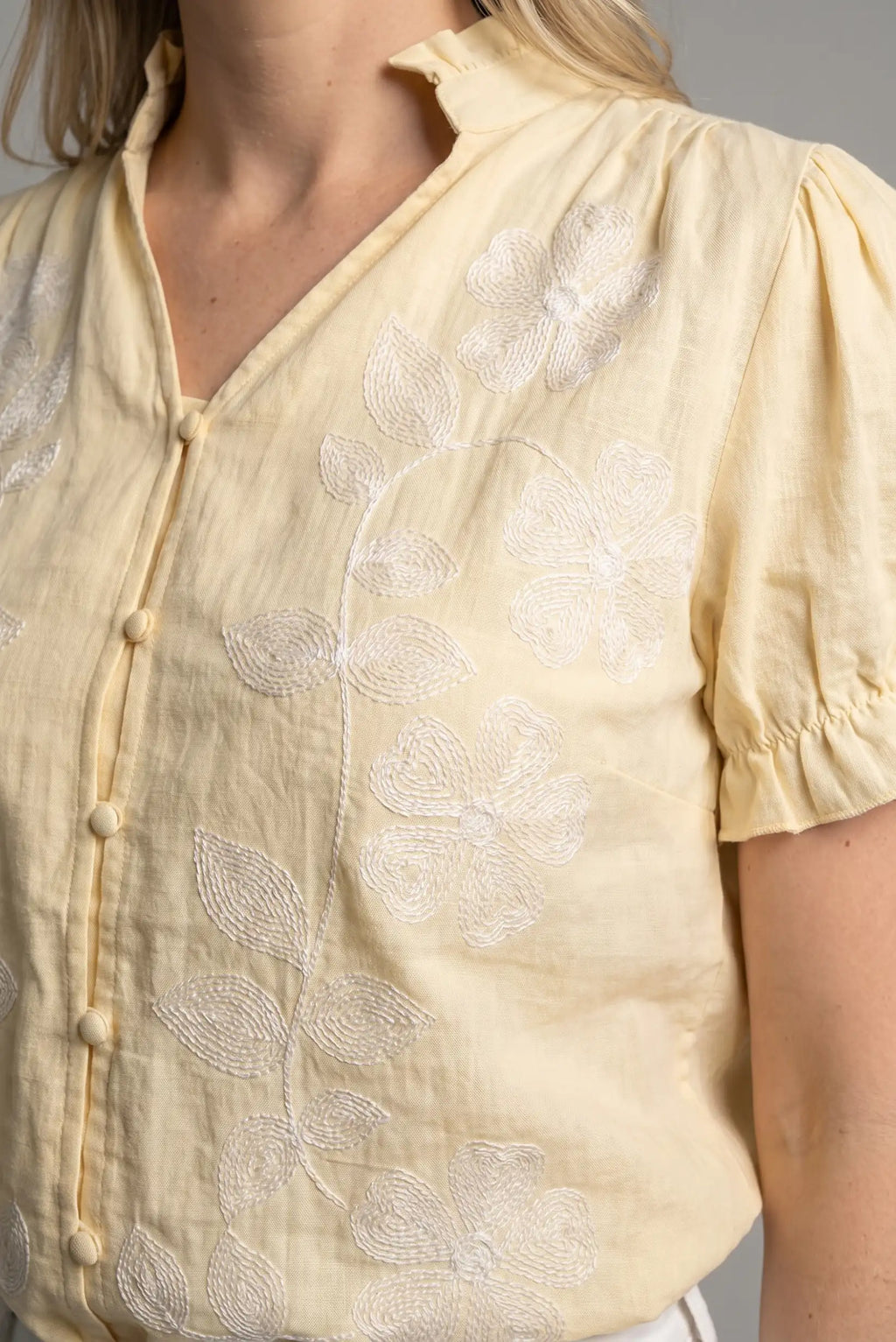 Camisa amarilla bordada mujer manga corta fresca verano elegante