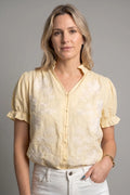 Camisa amarilla bordada mujer manga corta fresca verano elegante