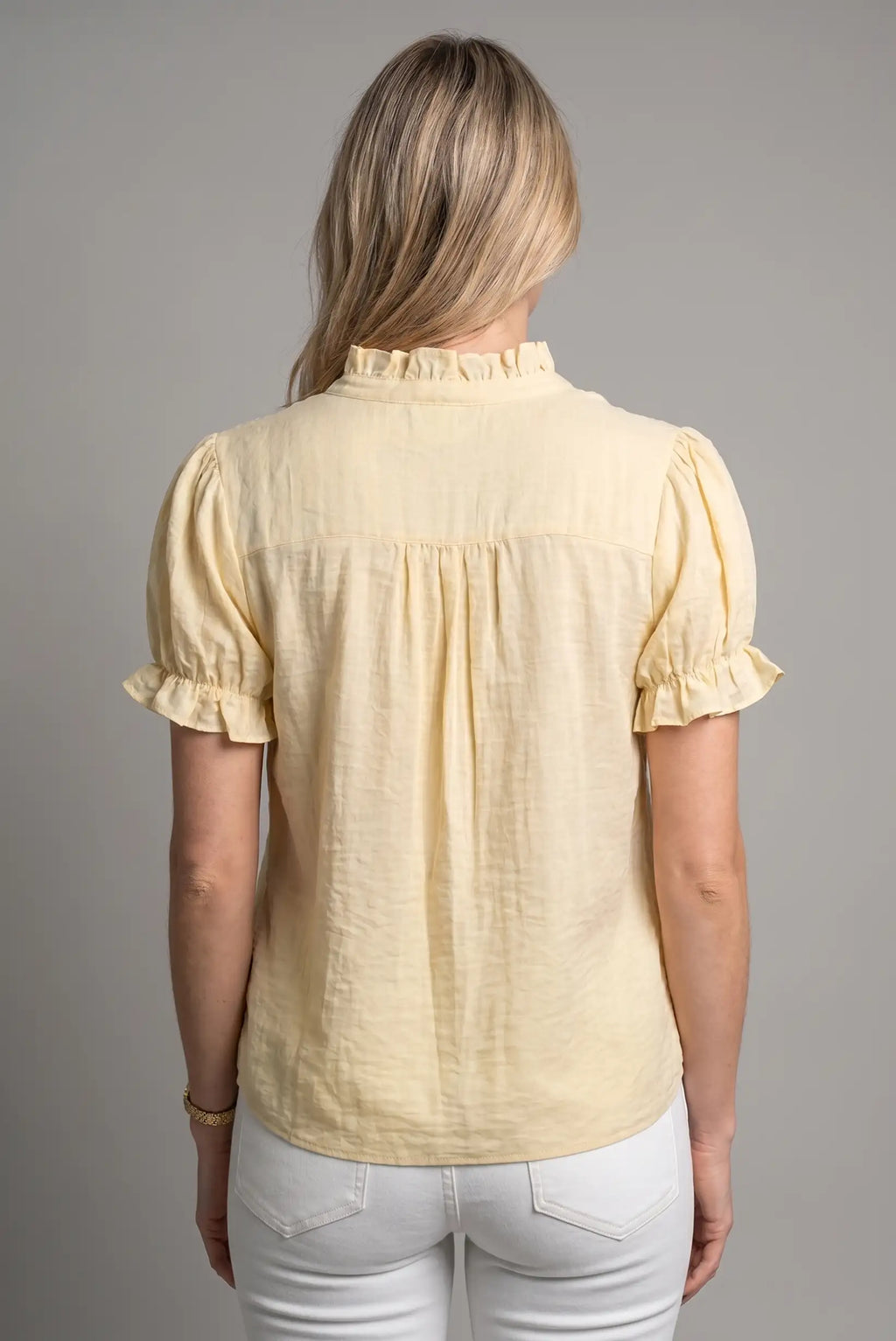 Camisa amarilla bordada mujer manga corta fresca verano elegante