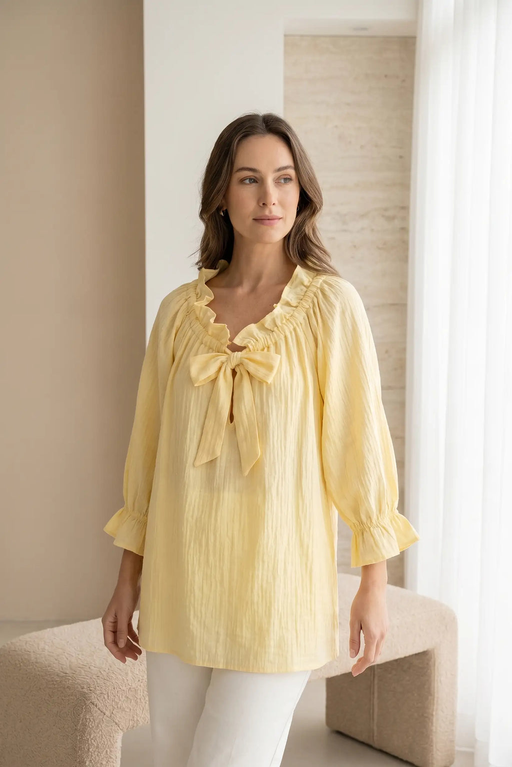 Blusa Mujer Amarilla Lazo Volantes