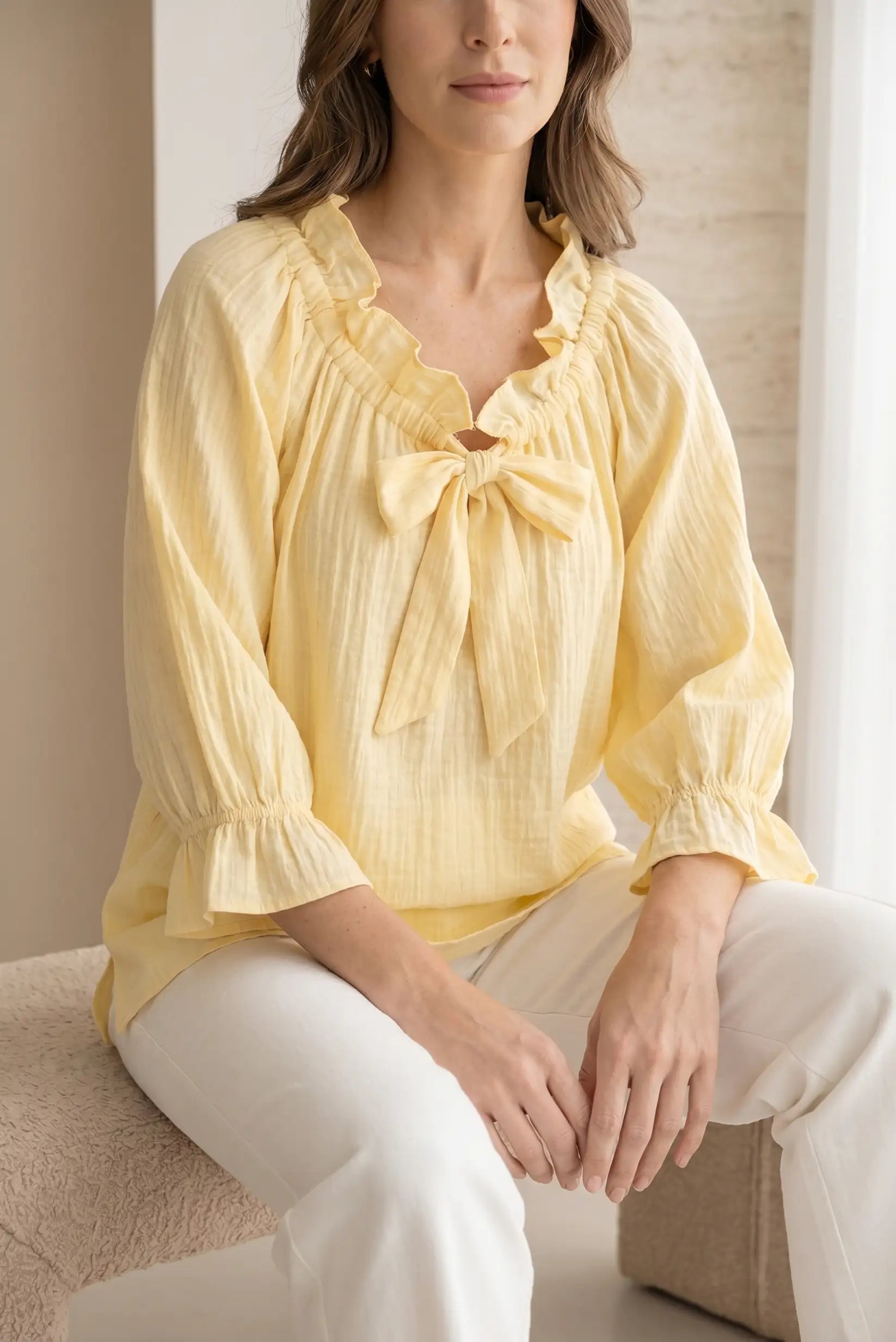 Blusa Mujer Amarilla Lazo Volantes