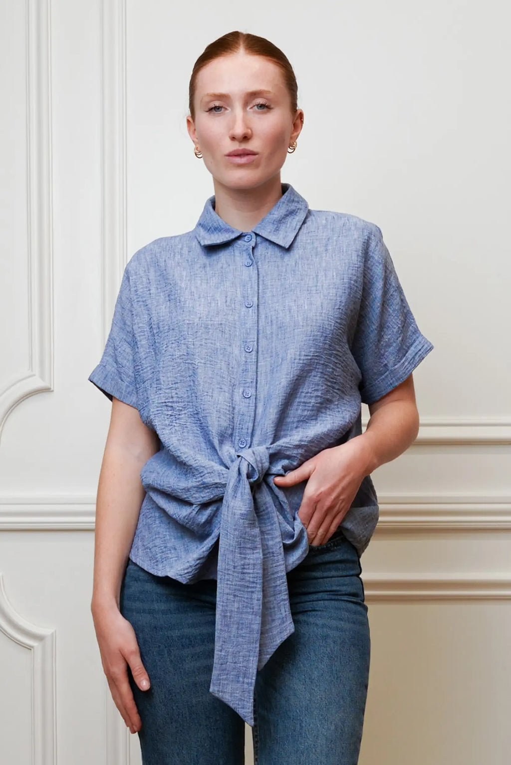 Camisa Mujer Azul con Nudo Delantero | Camisa Fluida Primavera
