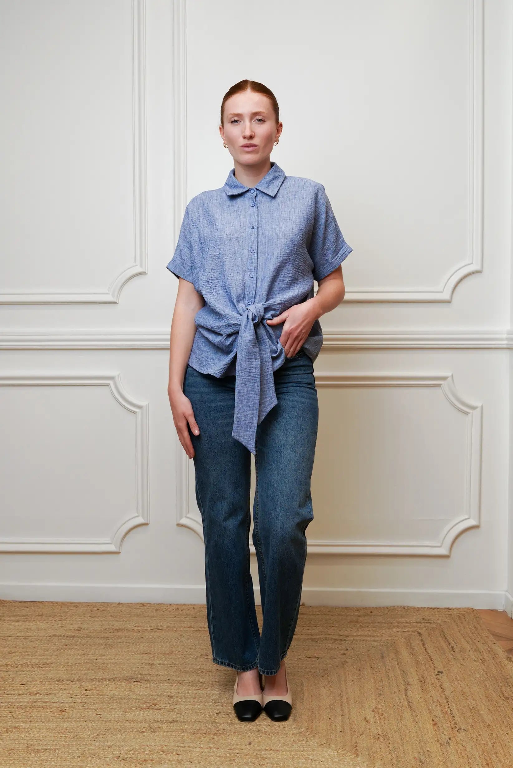 Camisa Mujer Azul con Nudo Delantero | Camisa Fluida Primavera