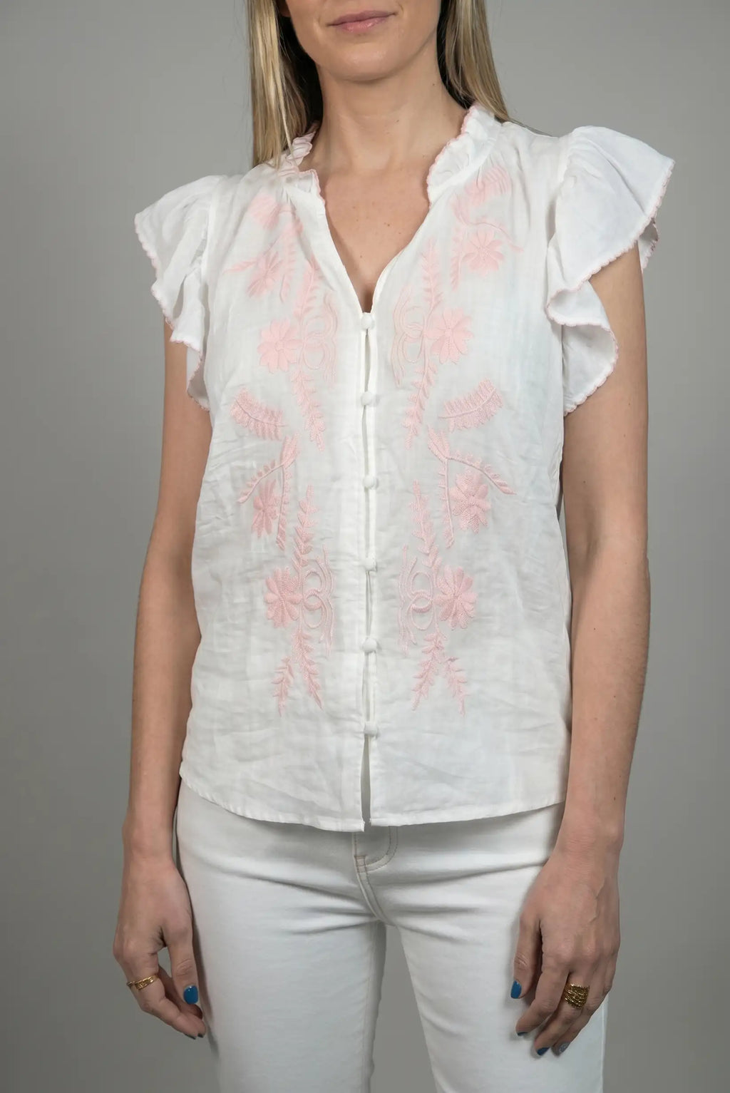 Camisa blanca mujer algodón bordado rosa verano fresca casual