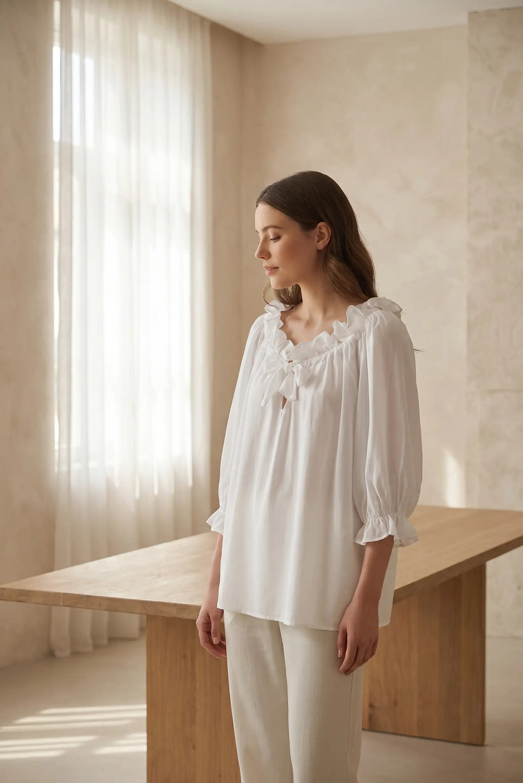Blusa Mujer Blanca Lazo Volantes