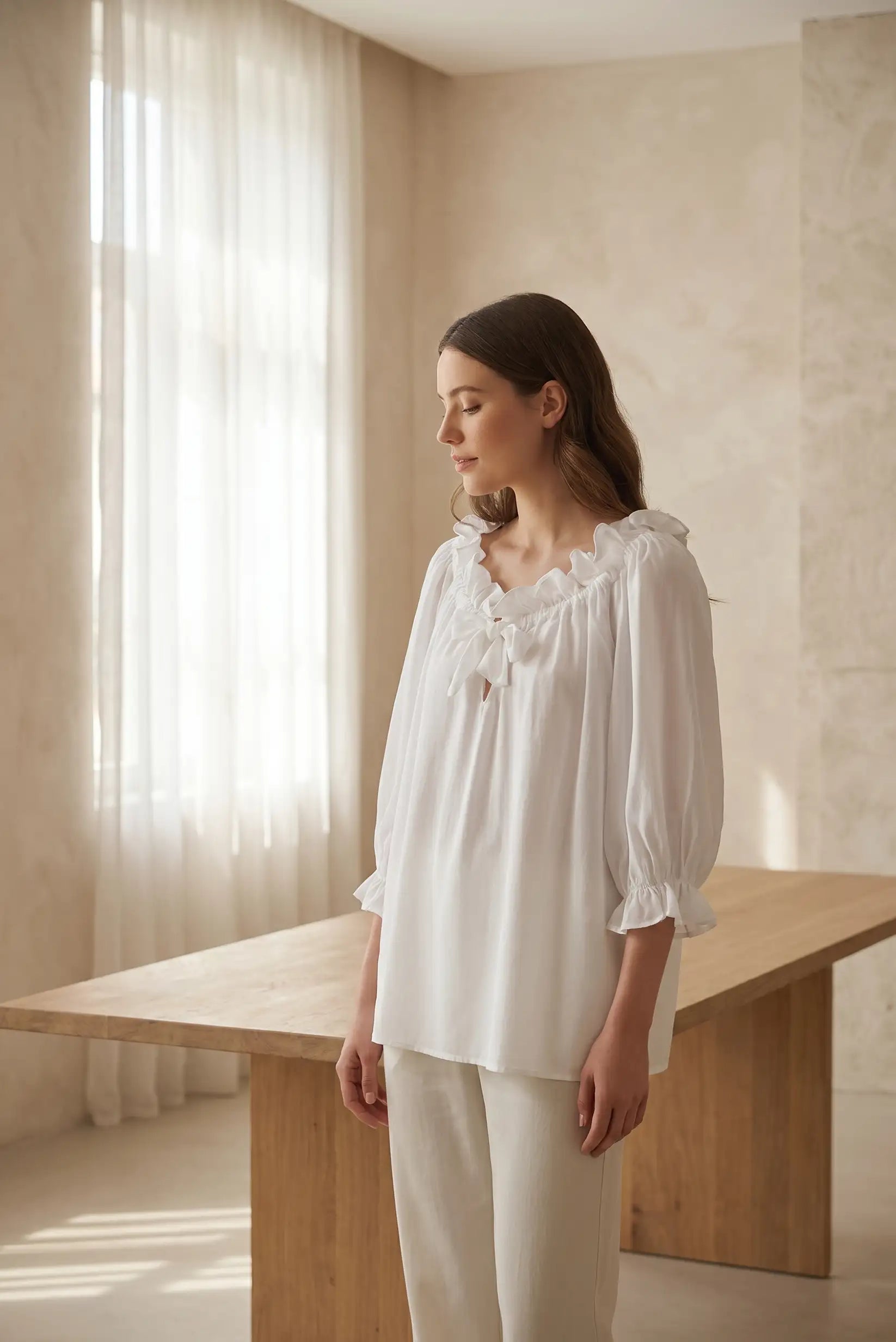 Blusa Mujer Blanca Lazo Volantes