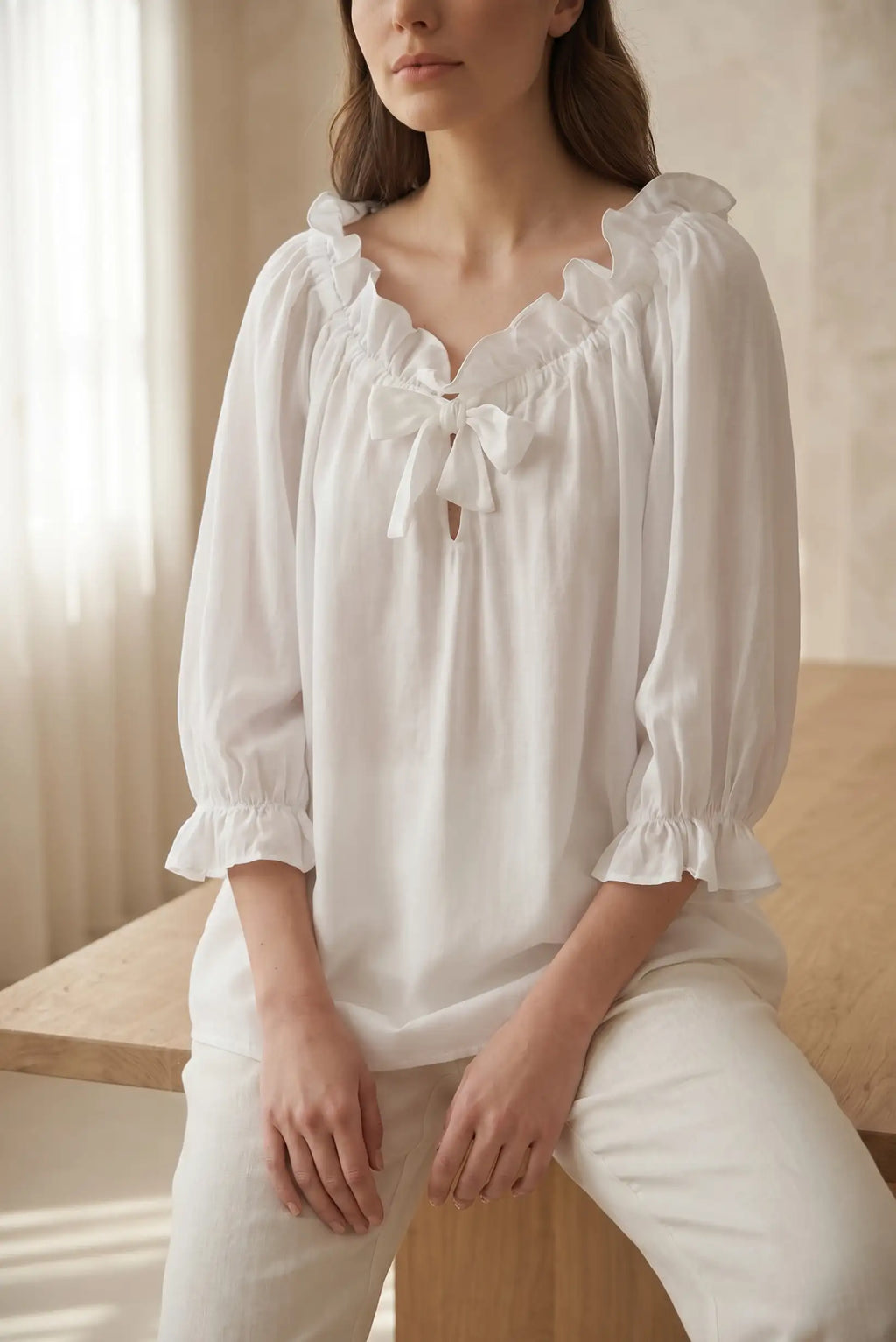 Blusa Mujer Blanca Lazo Volantes