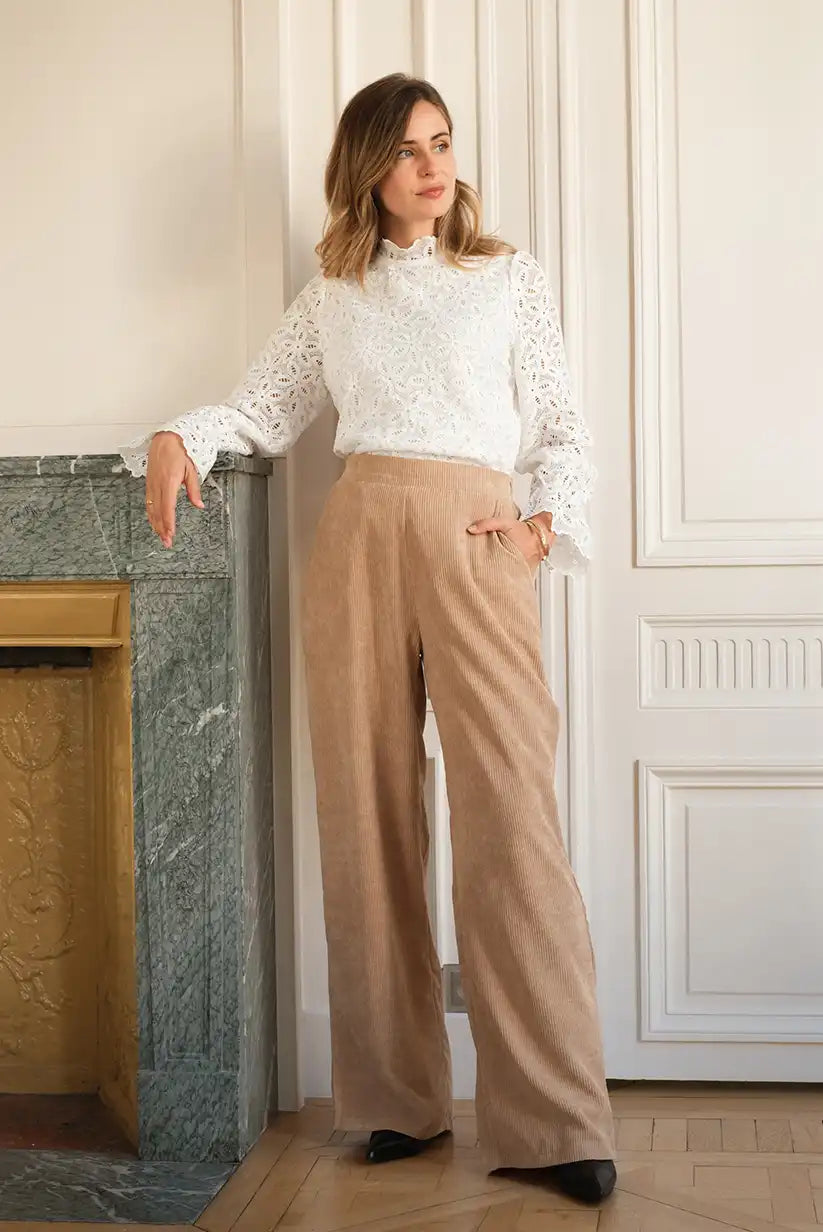 Blusa Blanca Encaje Mujer Manga Larga Cuello Alto Romántico
