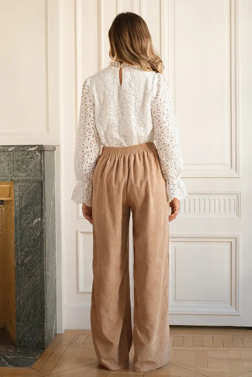 Blusa Blanca Encaje Mujer Manga Larga Cuello Alto Romántico