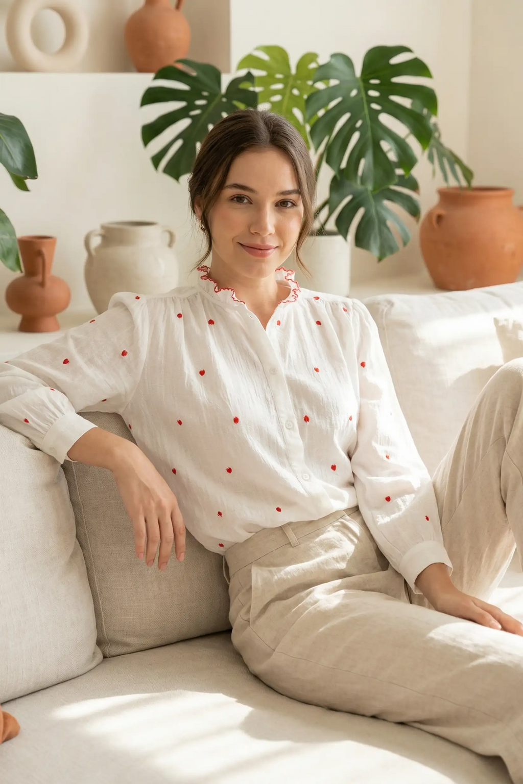 Camisa blanca algodón con corazones rojos bordados y volante