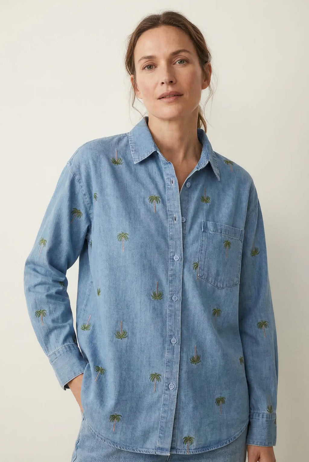 Camisa Mujer Denim Bordada Palmeras Vaquera OverSize