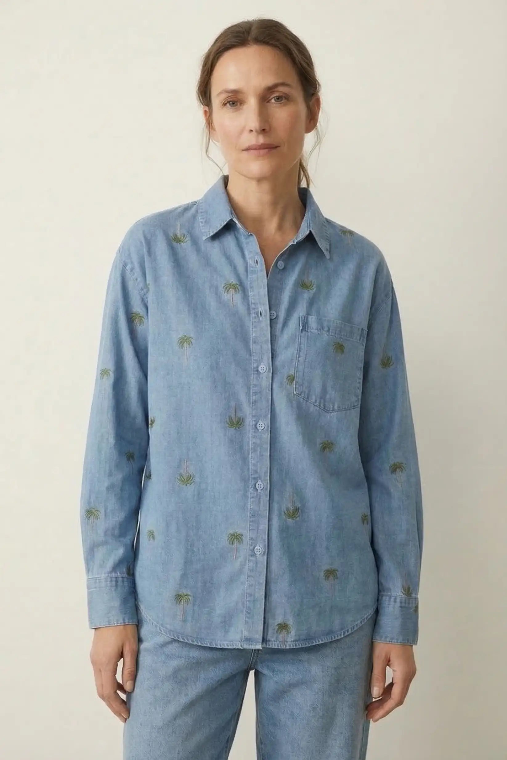 Camisa Mujer Denim Bordada Palmeras Vaquera OverSize