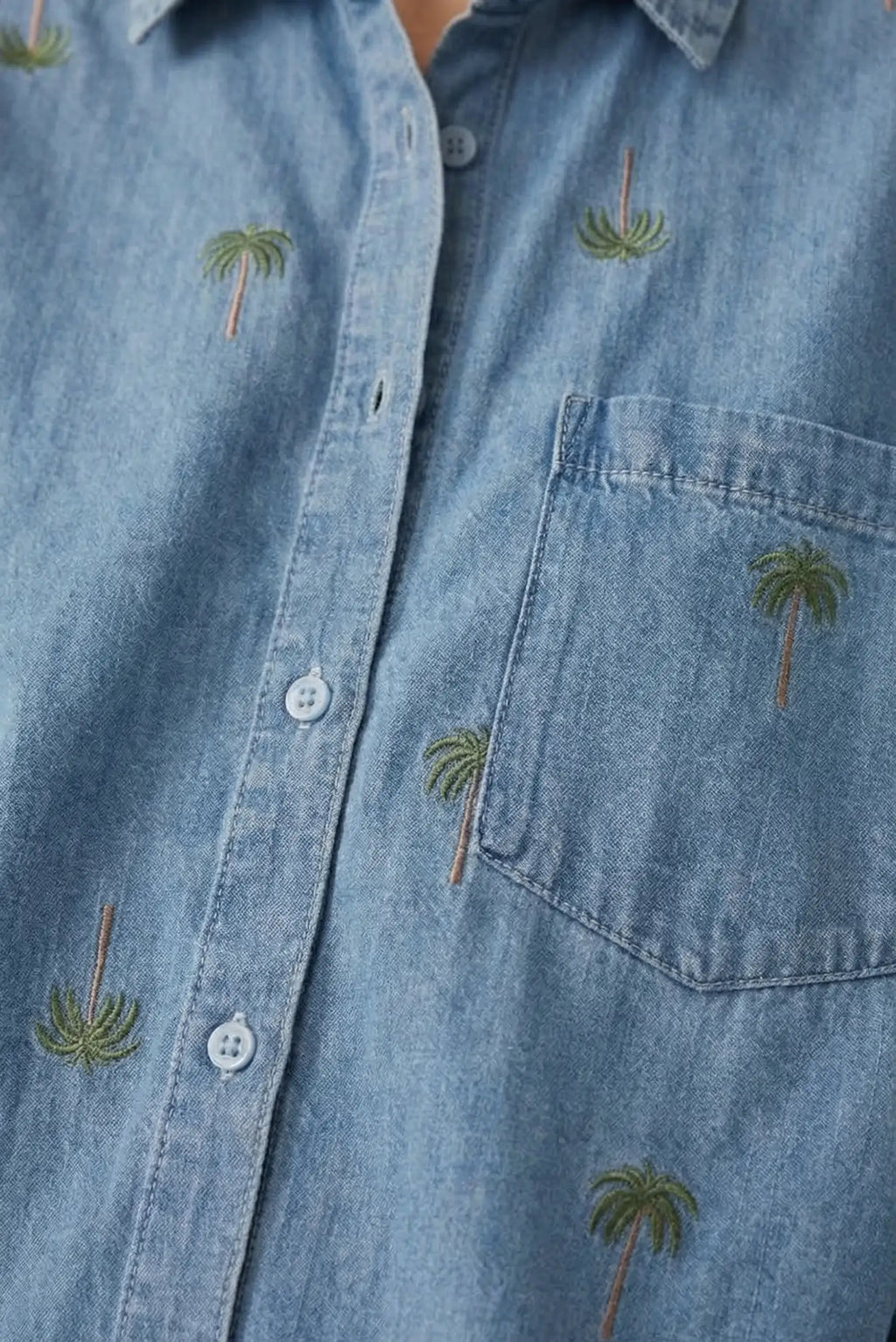 Camisa Mujer Denim Bordada Palmeras Vaquera OverSize