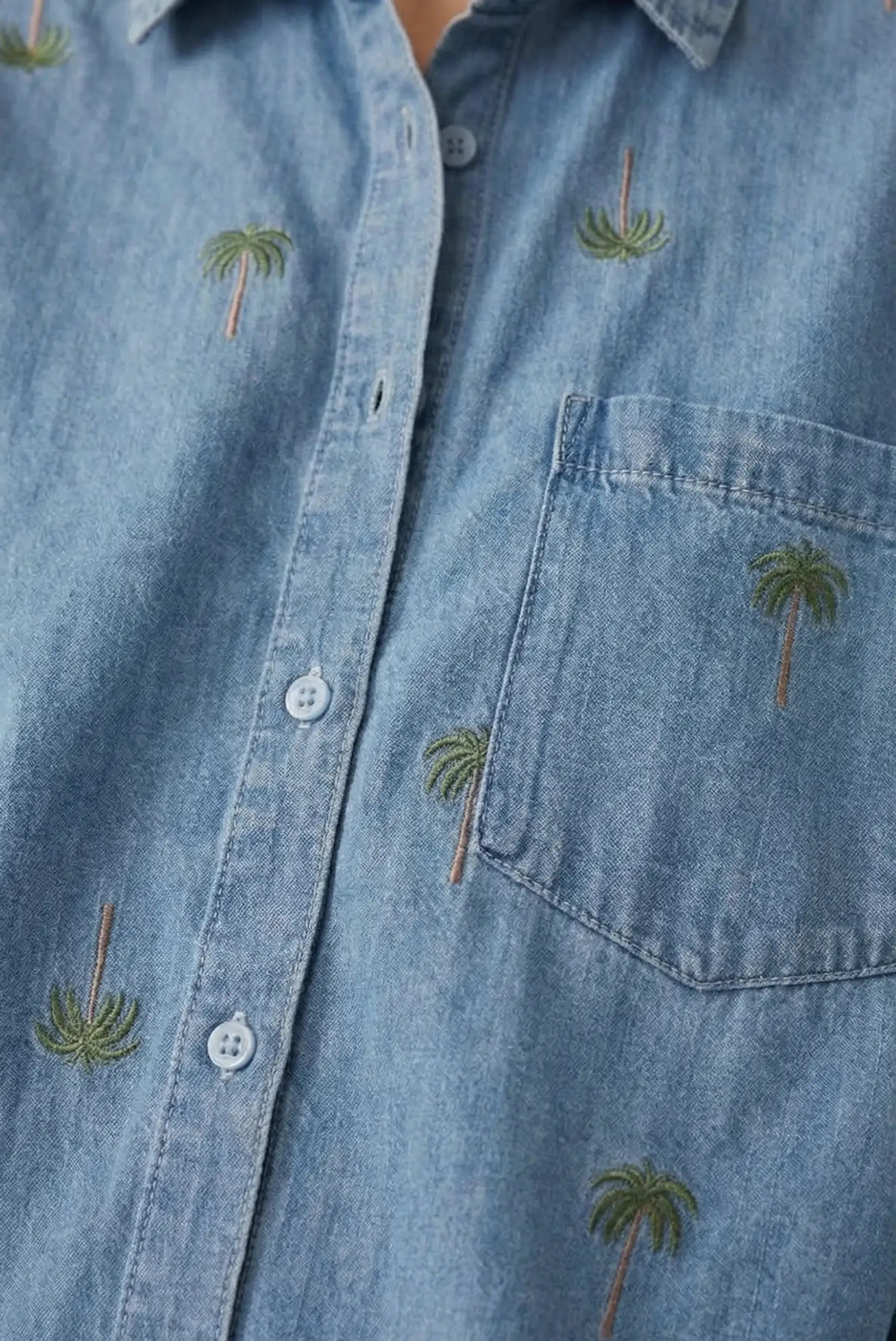 Camisa Mujer Denim Bordada Palmeras Vaquera OverSize